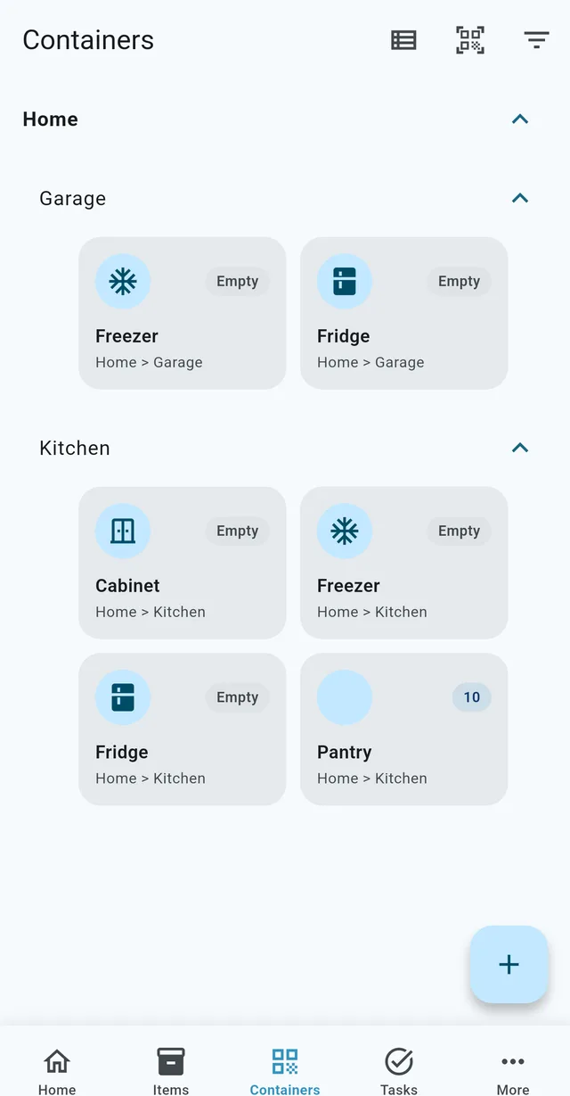 Tidy Mind containers screen